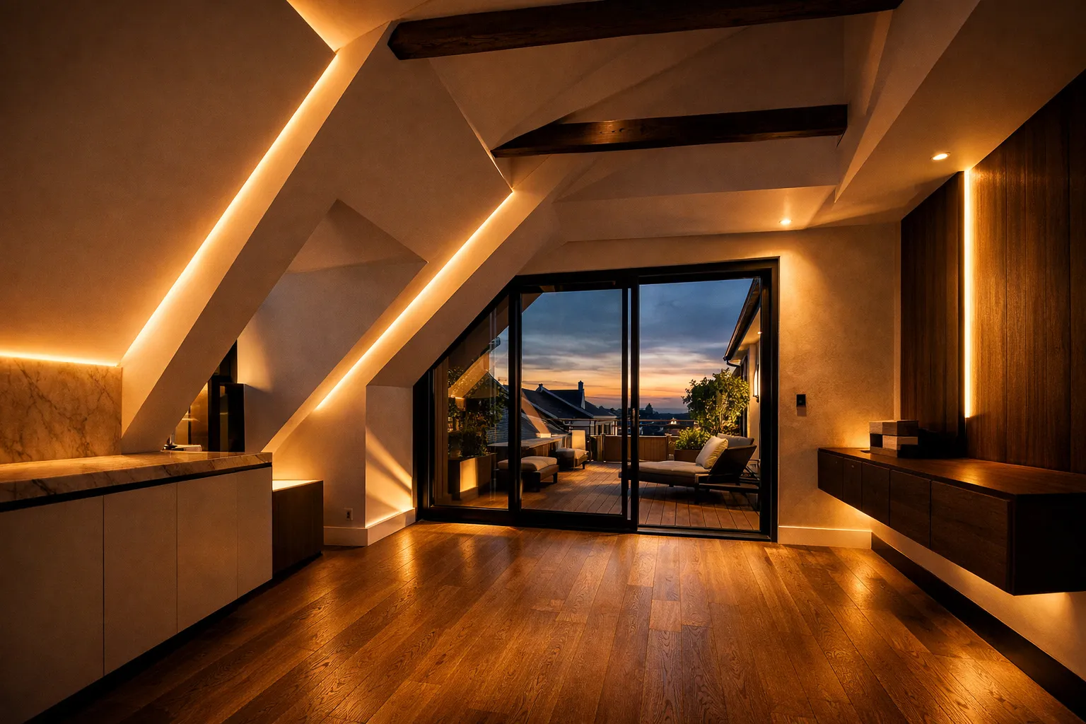 Idee particolari per la ristrutturazione di un attico con luce LED integrata e materiali naturali
