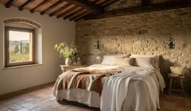 Camera da letto in un agriturismo con pareti in pietra originaria e travi in legno a vista, che rispetta l'autenticità e il valore del patrimonio architettonico locale.