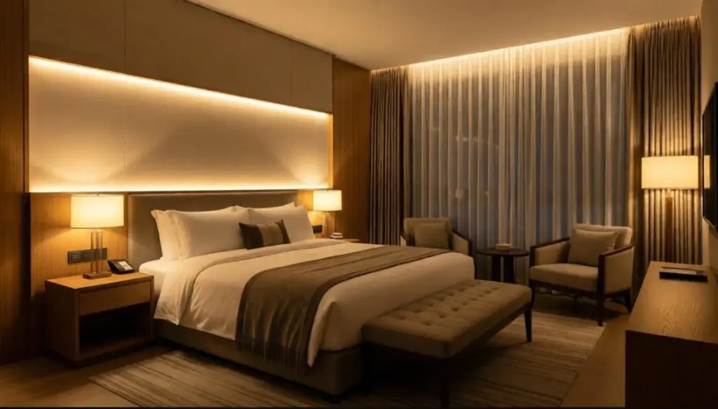 Progetto di interior design per camera B&B con arredi eleganti, toni caldi e luce indiretta