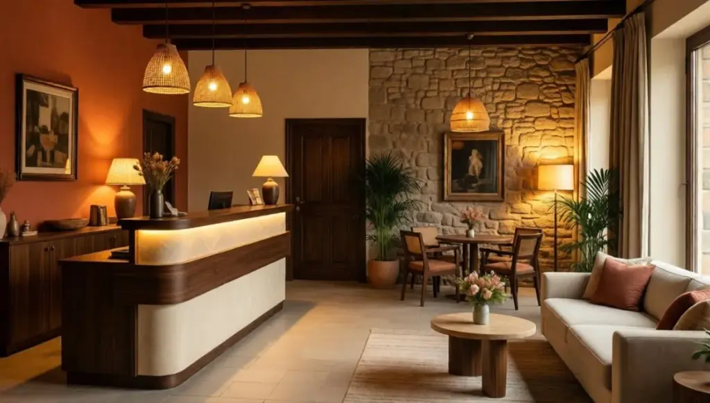 Soluzione di progettazione interni hotel per la lobby, con bancone reception su misura, pareti in pietra e lampade a sospensione