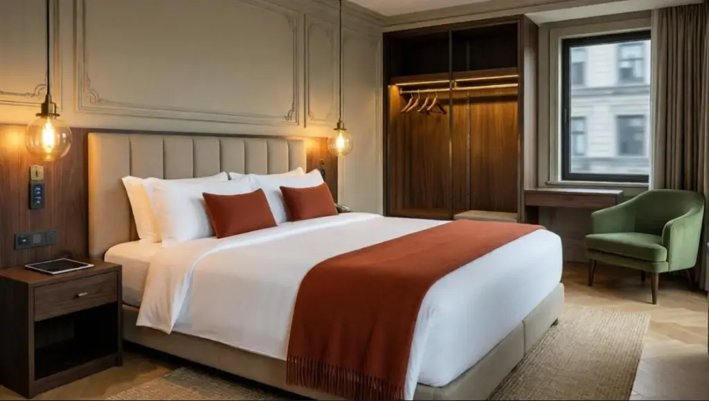 Esempio di progettazione camera hotel con letto king-size su misura, testiera in tessuto integrata e illuminazione calda, focalizzata sul comfort dell'ospite.