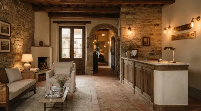 Esempio di progettazione interni hotel con reception in legno, pareti in pietra facciavista e illuminazione calda