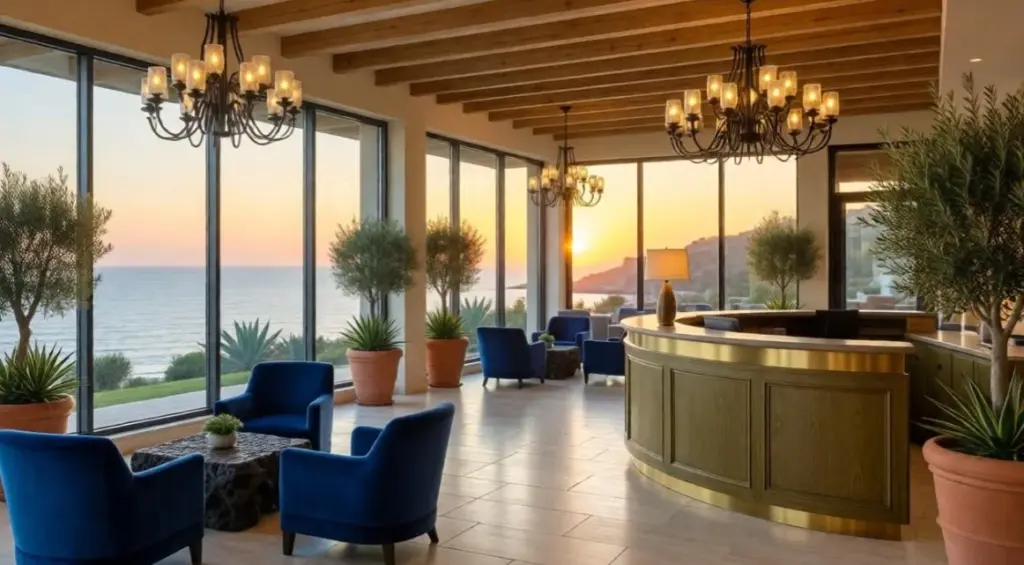 Lobby di resort di lusso con vista mare: esempio di progettazione che fonde identità locale e stile globale all'ingresso