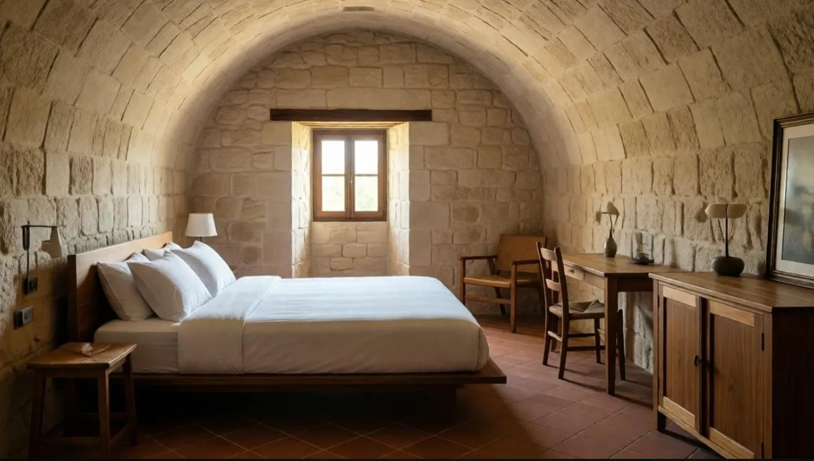 Progettazione interni di una camera da letto in masseria con volta a botte in pietra a vista, pavimento in cotto e arredi in legno minimali.