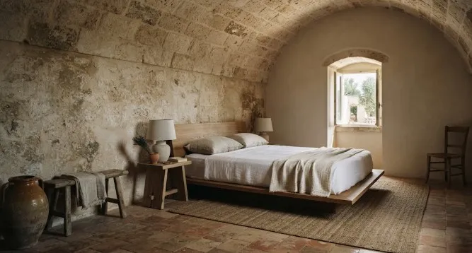 Interni di masseria di lusso con camera da letto matrimoniale, pareti in pietra calcarea originaria, volta a botte e pavimento in cotto antico.