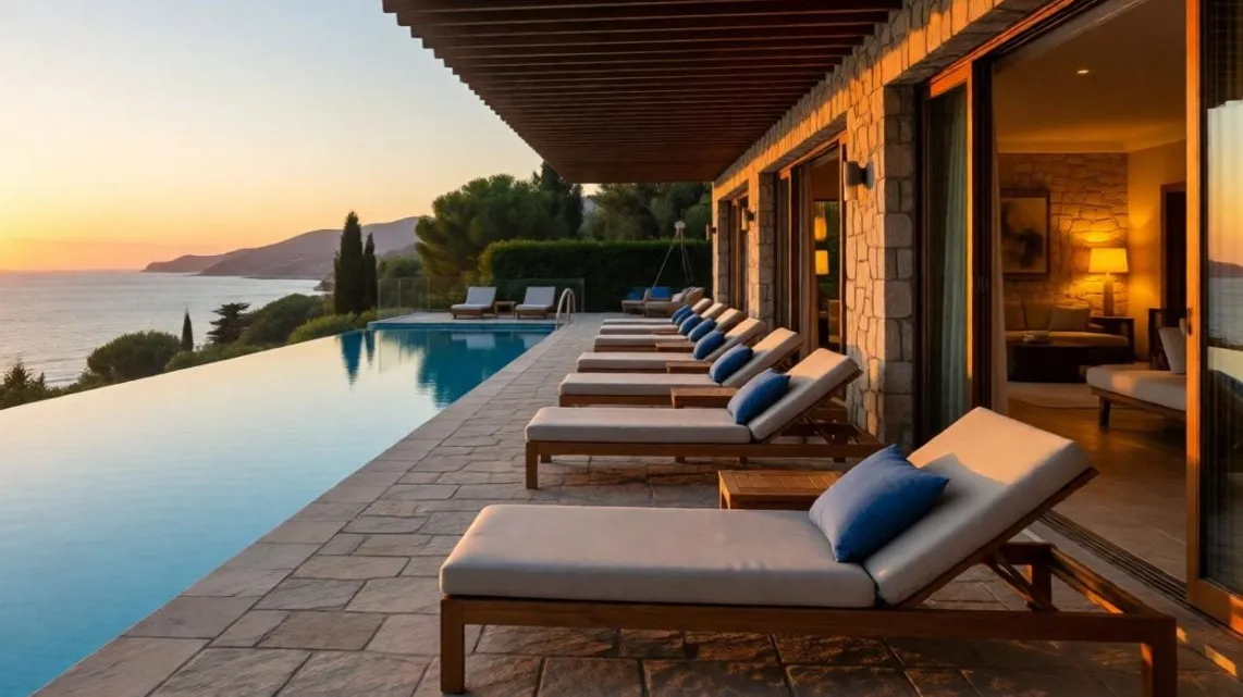 Esempio di progettazione interni resort con continuità tra camere, piscina a sfioro e vista panoramica al tramonto.