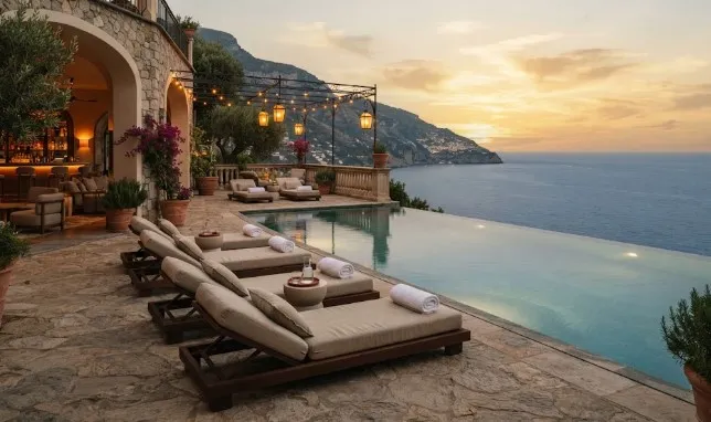 Esempio di progettazione interni resort di lusso con terrazza panoramica, piscina a sfioro e vista mozzafiato sulla Costiera Amalfitana al tramonto