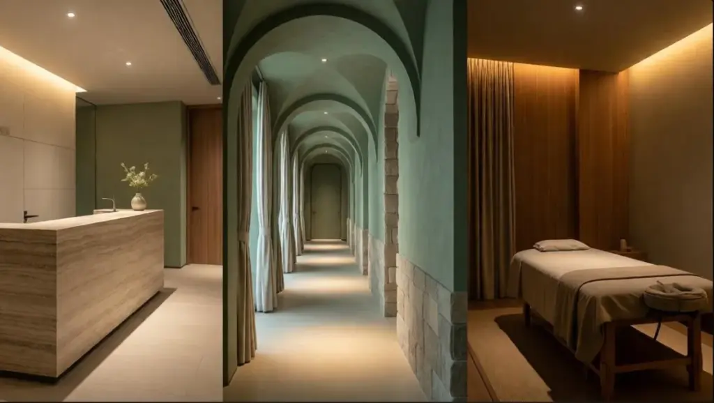 : Un trittico che illustra la progettazione interni centro benessere: a sinistra la reception con bancone in travertino, al centro un corridoio con archi e pareti color verde salvia che guida il percorso sensoriale, e a destra una cabina trattamenti intima e rilassante.