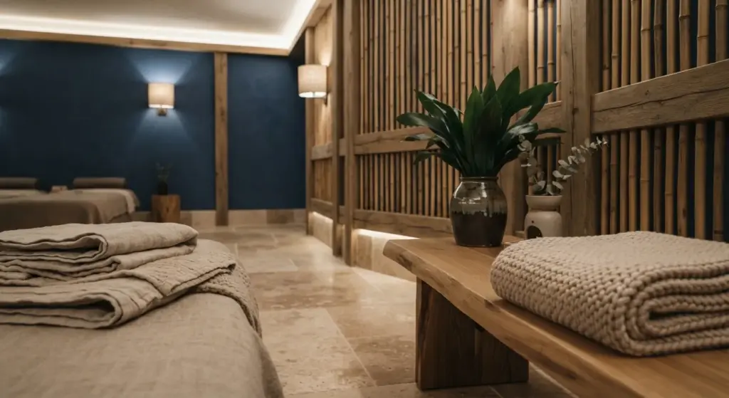 Dettaglio di interni di lusso per un centro benessere che mostra la combinazione di materiali naturali e tattili, tra cui pavimenti in pietra, pareti in legno di quercia e listelli di bambù, tessuti in lino grezzo e cotone, e una parete d'accento blu profondo.
