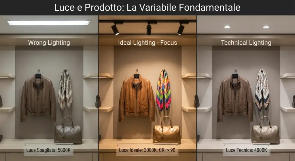 Confronto visivo diviso in tre sezioni che mostra lo stesso espositore di abbigliamento sotto diverse luci: a sinistra con luce fluorescente fredda (5000K) e prodotti spenti, al centro con luce LED calda e direzionale ideale (3000K, CRI > 90) che valorizza la pelle e i colori, e a destra con luce tecnica neutra (4000K).