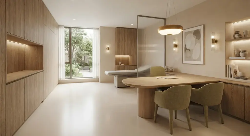 Esempio di progettazione-interni-studio-medico focalizzato su un ambulatorio moderno e accogliente, con pavimenti continui in resina, pannelli a parete in laminato effetto legno, scrivania ovale e lettino medico sullo sfondo.