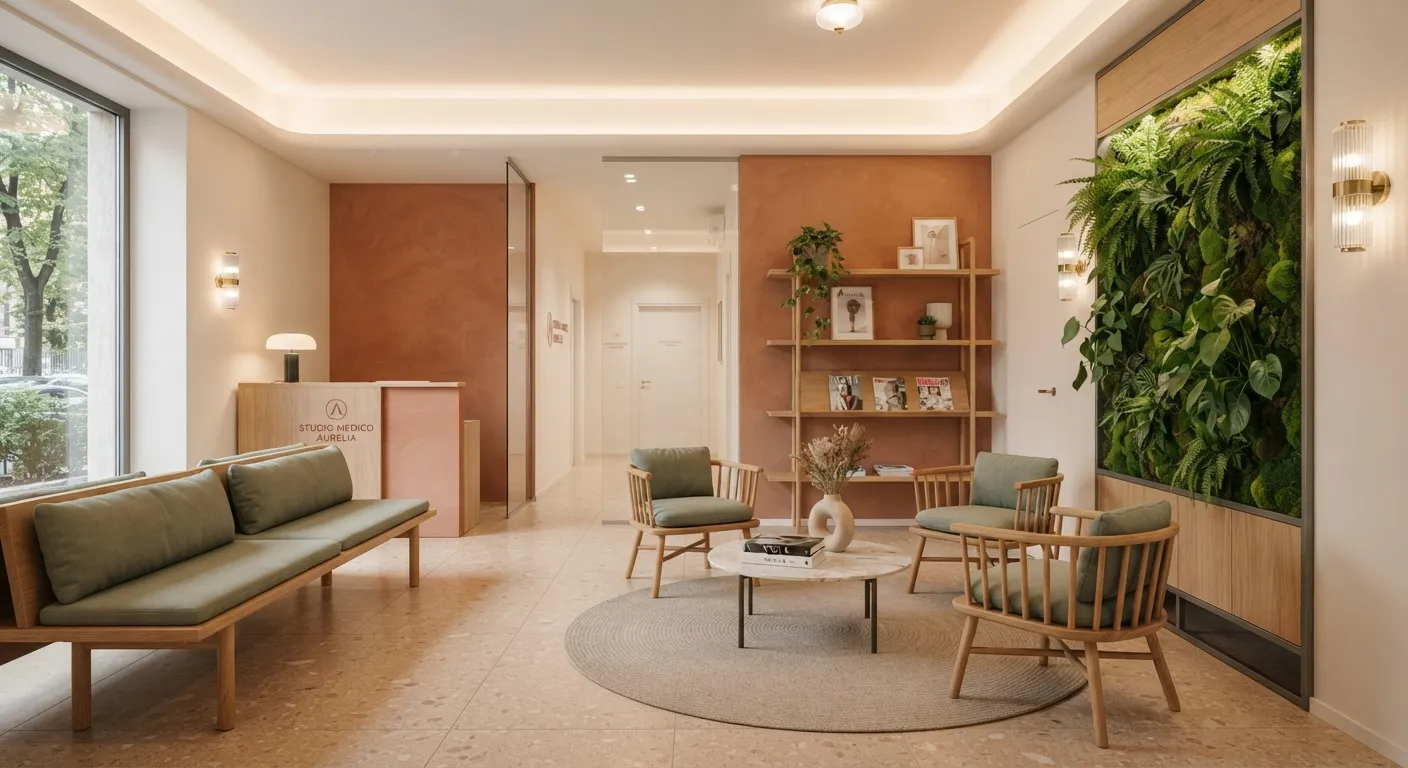 Progettazione Interni di uno studio medico moderno con sala d'attesa caratterizzata da pareti bianche e terracotta, sedute in rovere naturale con cuscini verde salvia, parete verde verticale e illuminazione indiretta