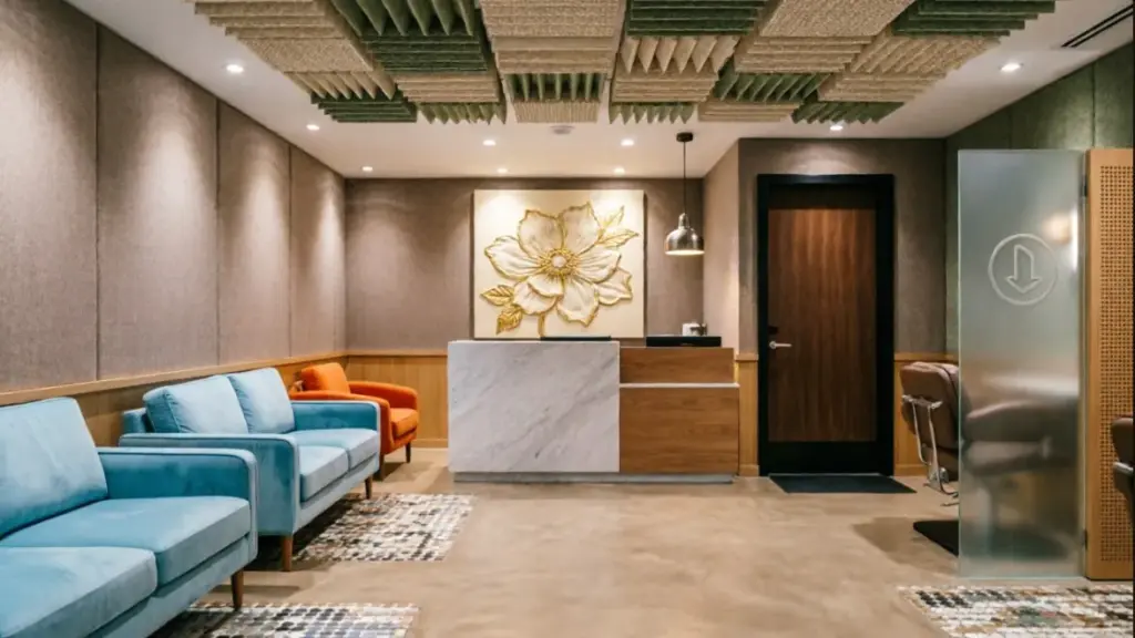 Isolamento acustico e soluzioni fonoassorbenti nel progetto d'arredo per la reception di un centro estetico.