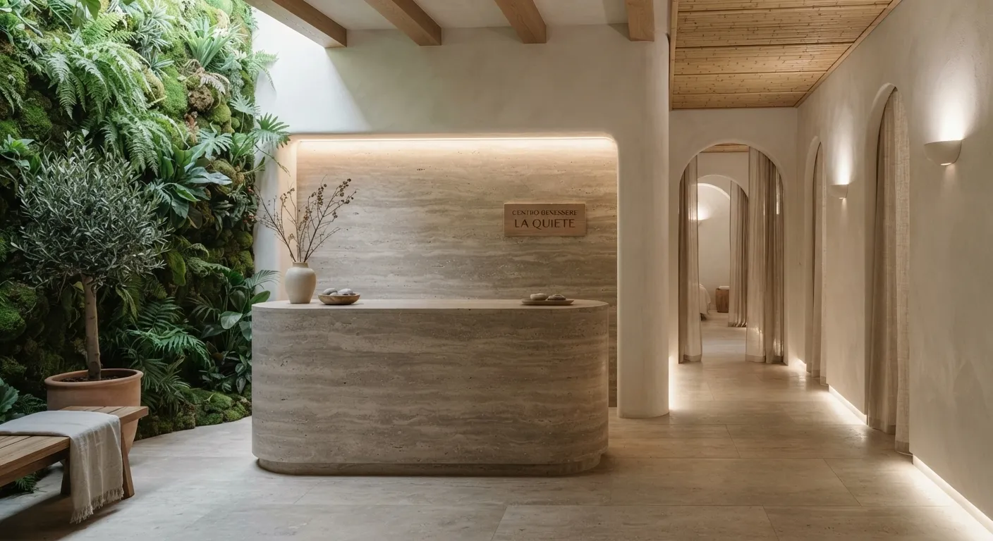Esempio di progettazione interni centro benessere[cite: 4] che mostra la reception con un bancone curvo in travertino, una lussureggiante parete vegetale verticale e un'insegna in legno con la scritta "CENTRO BENESSERE LA QUIETE"[cite: 4]. Il design fonde materiali naturali come pietra, legno e piante con un'illuminazione d'accento calda e diffusa. Sulla destra, un corridoio con archi conduce alle sale trattamenti