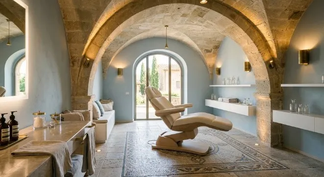 Un'immagine della progettazione di interni di un centro estetico moderno, con un'architettura in pietra antica e una comoda sedia reclinabile.