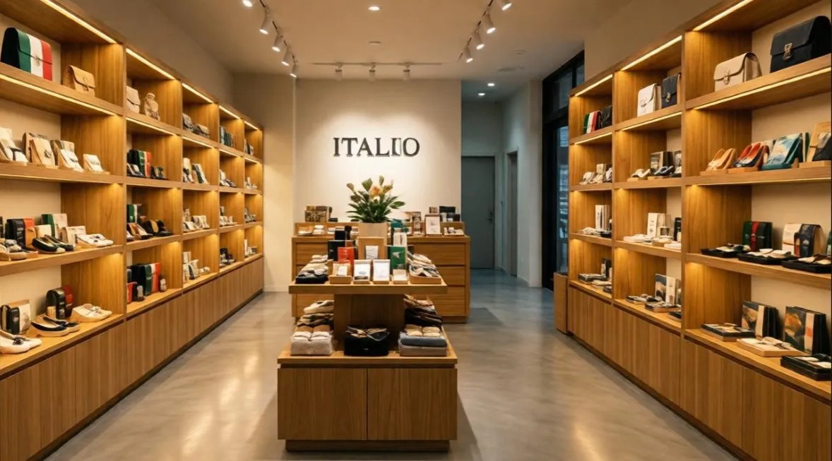 Uno scorcio di progettazione interni negozio moderno e sofisticato, con espositori in legno illuminati a parete che mettono in risalto articoli di pelletteria e scarpe, un'isola centrale con abbigliamento e il logo "ITALIO" sulla parete di fondo. Il pavimento è in cemento lucido e l'illuminazione è calda e stratificata.