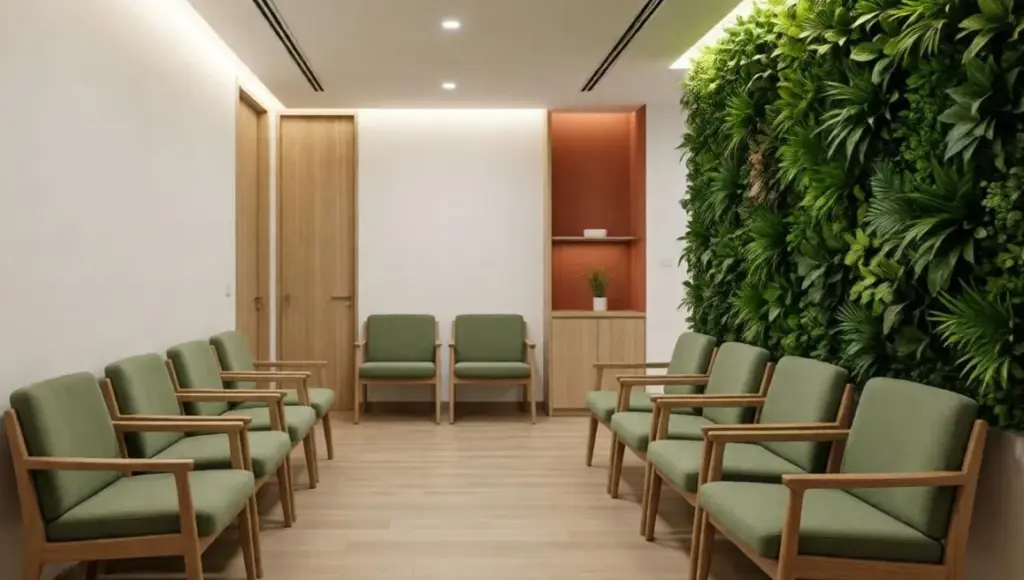 Esempio di progettazione-interni-studio-medico focalizzato su una sala d'attesa moderna e accogliente, con sedute in legno e cuscini verde salvia disposte lungo i lati, una grande parete verde verticale a destra e dettagli color terracotta.