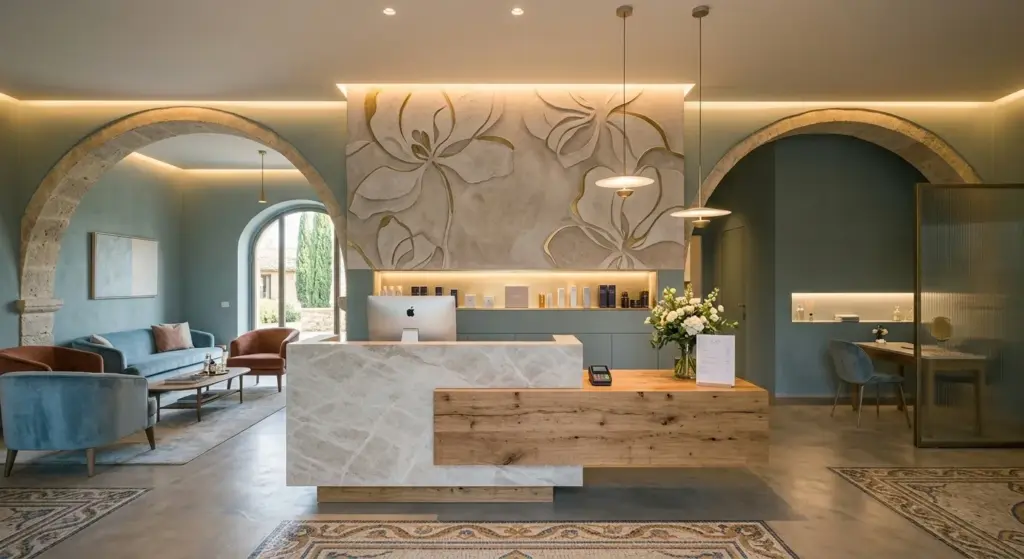 Hall d'ingresso e reception di un centro estetico e spa di lusso con arredi moderni e zona attesa.